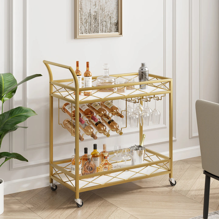 Becca Gold Metal Bar Cart with Wine Rack